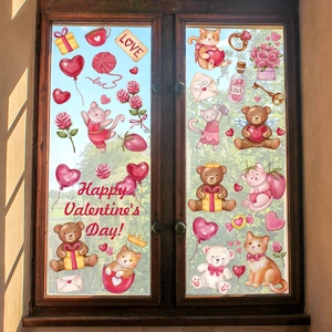 Detail van Valentijnsdag raamstickers met cartoon kat en florale ontwerpen