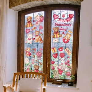 Detail van Valentijnsdag raamstickers met teddybeer, hartballonnen en rozen