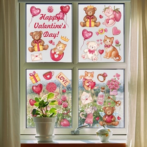 Detail van Valentijnsdag raamstickers met teddybeer, harten en rozen op vensterglas