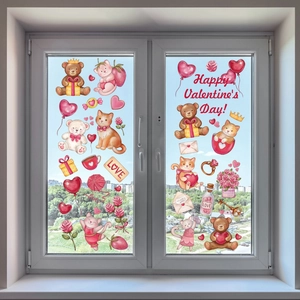 Detail van Valentijn raamstickers met aquarel dieren, harten en rozen op glaswerk