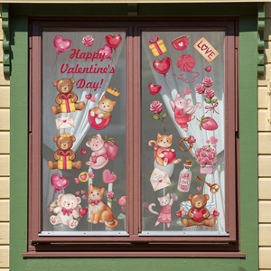 Detail van Valentijnsdag raamstickers met een teddybeer en hartvormige ballonnen