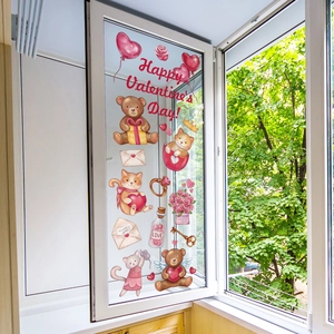 Detail van Valentijnsdag raamstickers met schattige beren en hartvormige ballonnen set