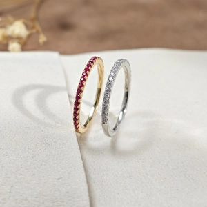 S925 Sterling Silver Red Corundum Eternity Band Ring For Women Gold Plated White Zirconia Minimalist Delicate Finger Ring