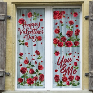 Details van de Valentijnsdag raamstickers met rode rozen en romantische bloemblaadjes