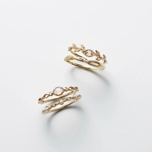 Australian opal ring set with gold leaf vine design and dainty pearls in vintage style