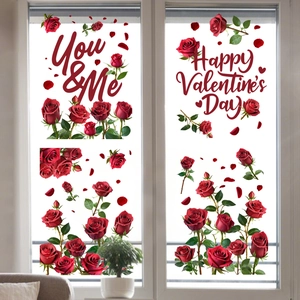 Detail van Valentijnsdag raamstickers met rode rozen en Happy Valentine's Day-tekstontwerp