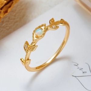 Vintage 925 Sterling Silver Gold Plated Natural Australian Opal Ring For Women Leaf Vine Design Zirconia Finger Jewelry Gift
