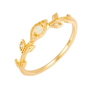Japanese style vine leaf gold ring with natural white opal and sparkling cubic zirconia