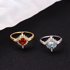 Vintage 925 Sterling Silver Ring With Red Garnet Sky Blue Topaz Zirconia Geometric Sunburst Finger Ring For Women Jewelry