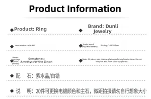 Spécifications de la bague en argent S925 plaquée or 14K, améthyste et zircon blanc