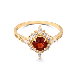 Exquisite 925 silver gold plated ring with round red garnet and marquise zircon accents