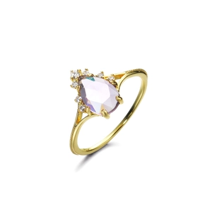 Bague élégante en argent S925 doré avec améthyste poire et petits diamants