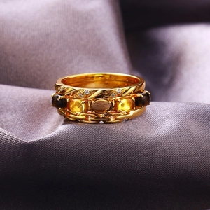 Conjunto de anillos en plata S925 bañada en oro con citrino natural y ojo de tigre