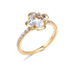 Elegant S925 sterling silver gold clover ring with transparent crystal and micro-diamonds