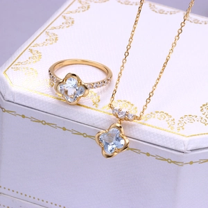 925 Sterling Silver Four Leaf Clover Ring For Women Sky Blue Topaz Gold Plated Flower Open Finger Ring Jewelry Gift