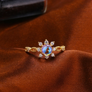 Vintage 925 Sterlingsilber Vergoldet Ring Für Damen Synthetischer Mondstein Zirkonia Sonnenblume Spitze Hohl Design Schmuck