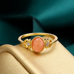 Anello Lusso Giapponese in Argento Sterling 925 Placcato Oro 14K con Rodocrosite Gemma Rosa Ovale Zirconia Vintage Regalo Gioiello per Donna