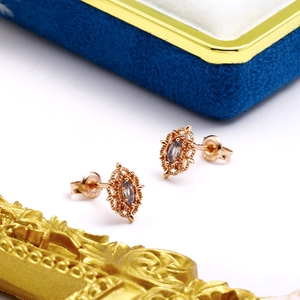Pendientes de Botón de Plata de Ley S925 Chapados en Oro Rosa con Topacio Azul Vintage Hueco Talla Marquesa Joyería para Mujer