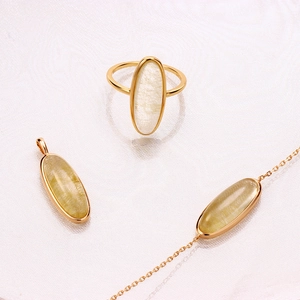 Parure en argent 925 plaqué or 14K avec pendentif ovale en quartz rutilé et bague