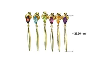 Detailed view of S925 silver leaf earrings in six colorful gemstones measuring 23.90mm