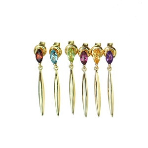 Elegant S925 silver leaf earrings with colorful gemstone studs and gold water drop pendants