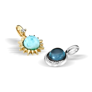 Zilveren 925 kettingen met zon- en maanhangers van larimar en blauwe topaas