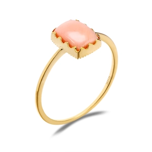 Bague élégante en or 10K avec pierre de nacre rose rectangulaire et bord dentelé