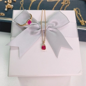 Detailed macro view of S925 silver gold-plated ring and necklace set with red corundum gems