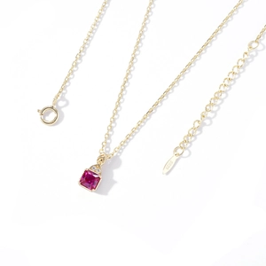 S925 sterling silver gold plated necklace with square magenta gemstone pendant