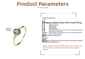 Detailed view of silver gold-plated ring with green rutilated quartz and zircon stones