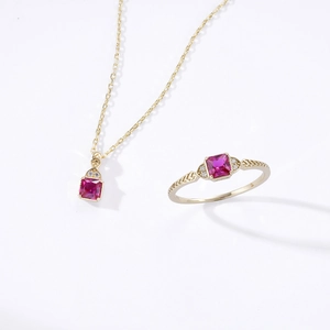 Japanese style S925 gold-plated jewelry set with pink corundum ring and necklace