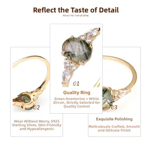 Detailed view of S925 silver gold-plated ring with green rutilated quartz and zircon