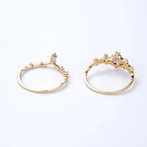 Bague en argent S925 plaqué or 14k avec améthyste en poire et anneau en forme de V