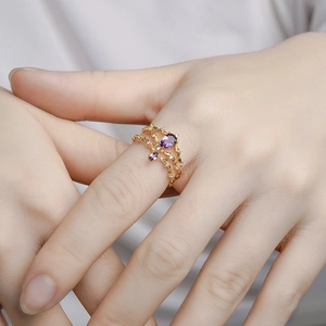 Bague en argent S925 plaqué or 14k avec améthyste violette et pierres en goutte