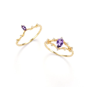 Bague en argent S925 plaqué or 14k améthyste avec design de vigne naturelle et diamants