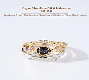 Makroansicht vergoldetes 925 Silber Ring Set mit Amethyst und Labradorit Steinen