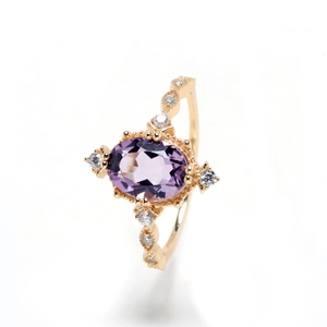Anello in Argento Sterling S925 con Ametista Naturale per Donna Placcato Oro 14K Ovale Cristallo Viola Retro Elegante Gioielli Regalo