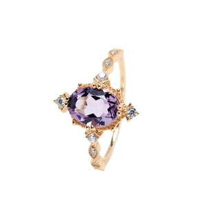 Anello vintage in argento S925 con ametista viola ovale e montatura in zircone dorato