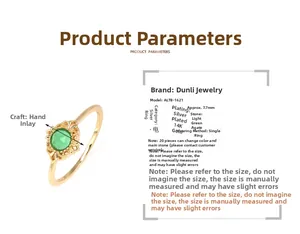 Detail view showing technical specifications and dimensions of green agate gold-plated ring