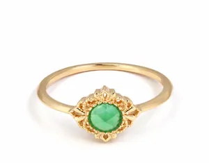 Detail of vintage 14K gold plated silver ring with green agate stone and ornate metalwork