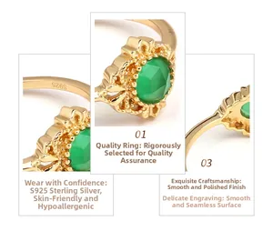 Detailed views of S925 silver 14K gold ring with green agate and internal S925 hallmark