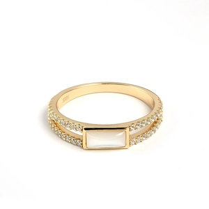 S925 silver gold plated ring with rectangular white shell stone and zircon accents