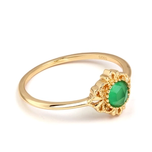 Retro S925 sterling silver ring with 14K gold plating and faceted green agate stone