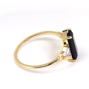 Bague en argent S925 plaqué or avec pierre goldstone bleue et cristaux latéraux