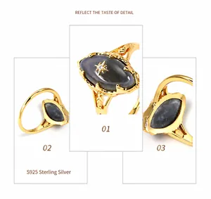 Detailed views of S925 silver gold-plated ring with marquise labradorite and star motif