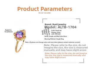 Detail view of 14K gold-plated silver ring with 10.89mm bicolor purple glass stone