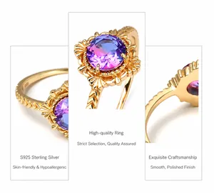 Detailed views of S925 silver gold-plated ring with purple gradient zircon stone