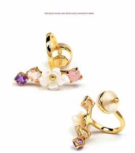 Detailed macro view showing the S925 sterling silver hallmark on the gold flower earring