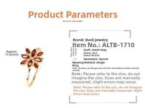 Detail view of 925 silver 14K gold ring with pomegranate garnet and dimension markings