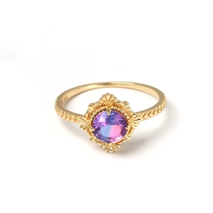 French vintage style S925 silver gold-plated ring with round purple gradient gemstone